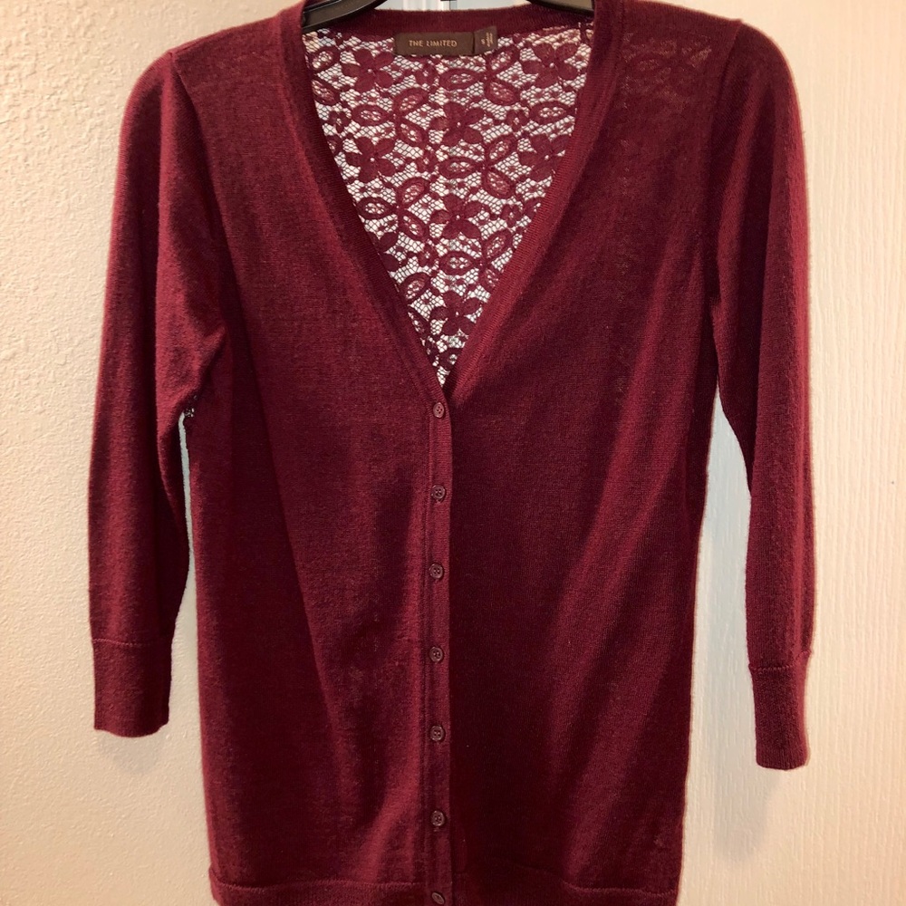 The Limited Lace Back Cardigan, Maroon.  Small